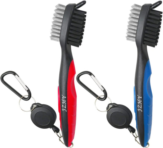2-Pack Lightweight Retractable Golf Club Brush and Groove Cleaner with Aluminum Carabiner (Red & Blue)